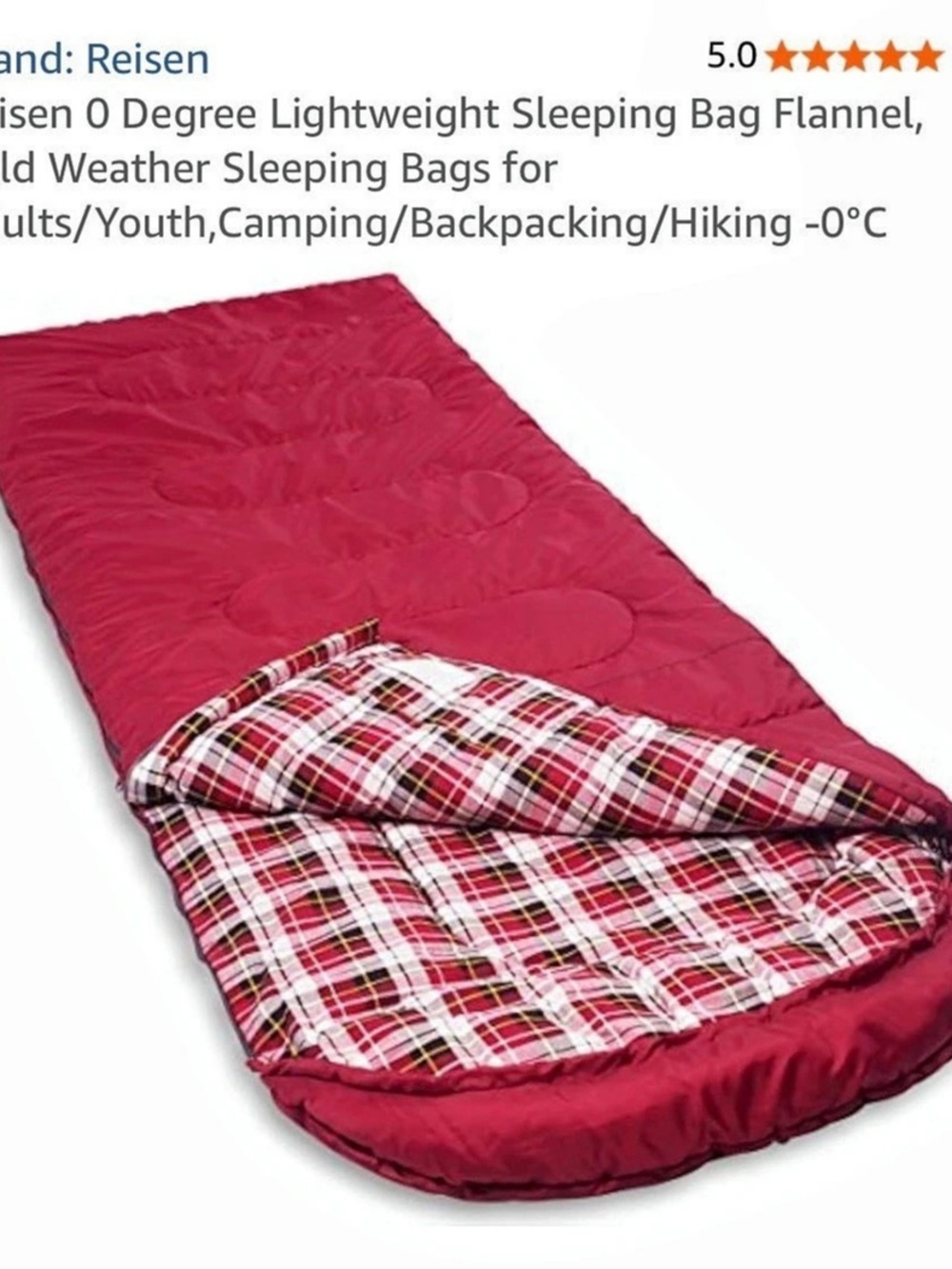 Reisen 0 Degree Lightweight Sleeping Bag Flannel Plaid Red